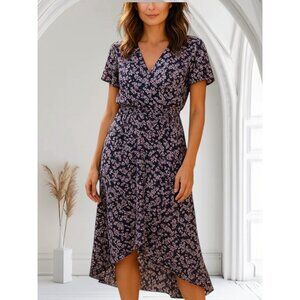 Floral Print High-Low Wrap Dress With Elastic Waist Short Sleeves Tie By Rokoko